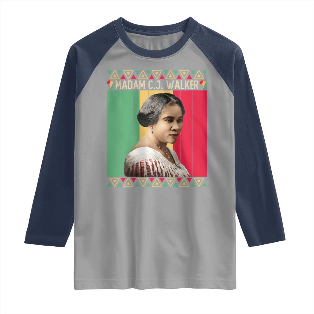 Madam CJ Walker Retro Sunset Raglan Shirt Strong Black Woman Leader TS12 Sport Gray Navy Print Your Wear