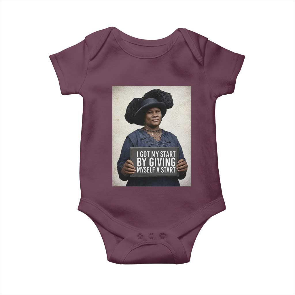 Madam CJ Walker Quote Baby Onesie I Got My Start By Giving Myself A Start TS12 Maroon Print Your Wear