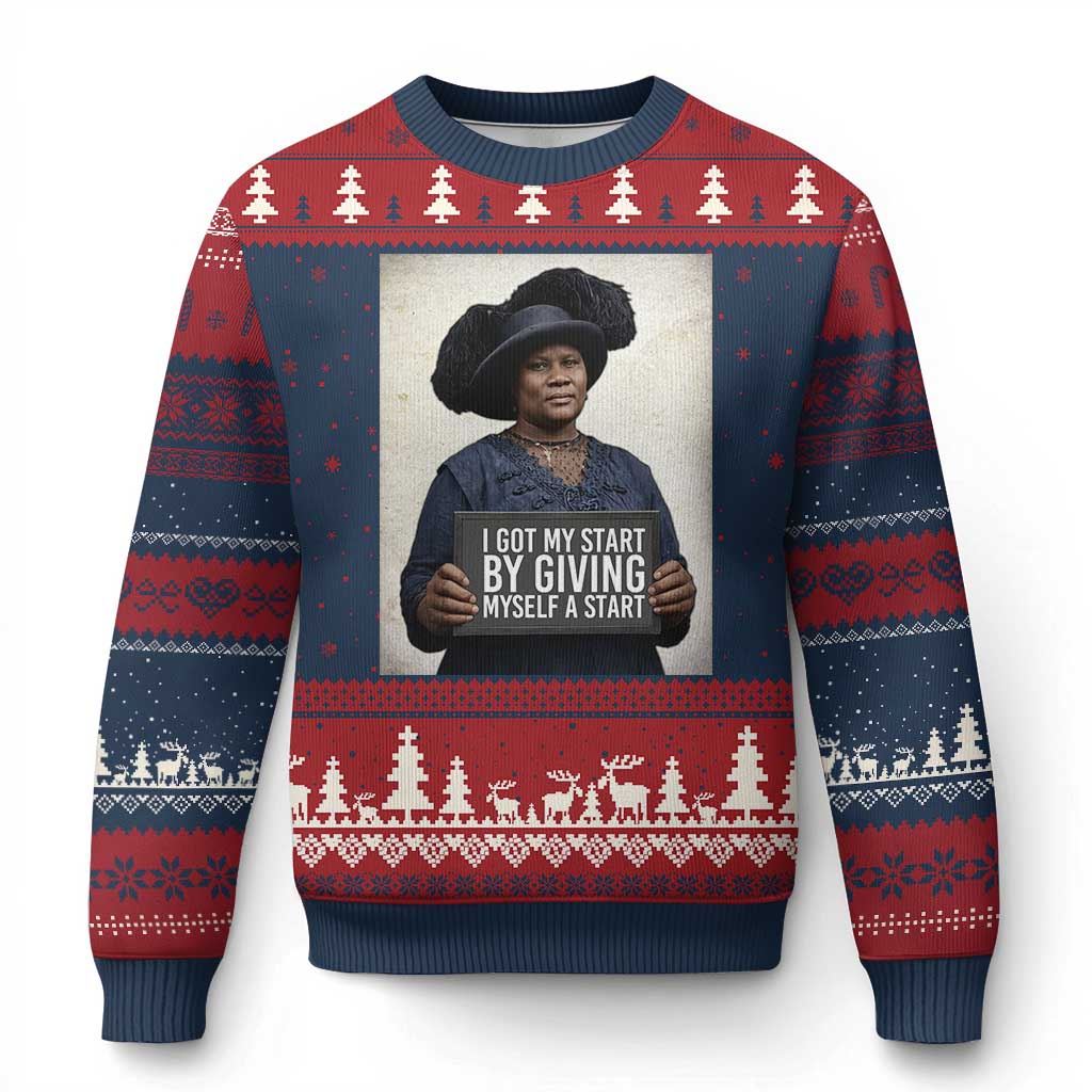 Madam CJ Walker Quote Ugly Christmas Sweater I Got My Start By Giving Myself A Start TS12 Navy Red Print Your Wear