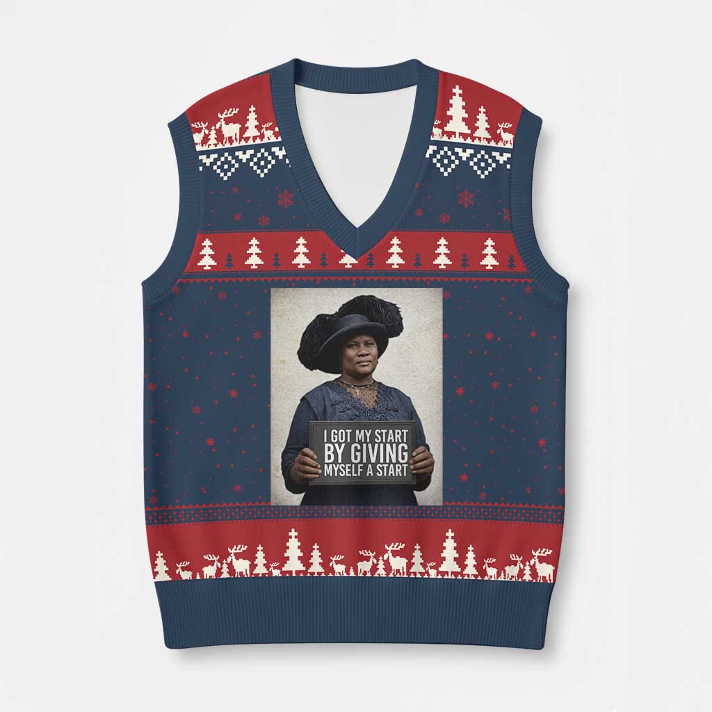 Madam CJ Walker Quote V-Neck Knit Sweater Vest I Got My Start By Giving Myself A Start TS12 Navy Red Print Your Wear