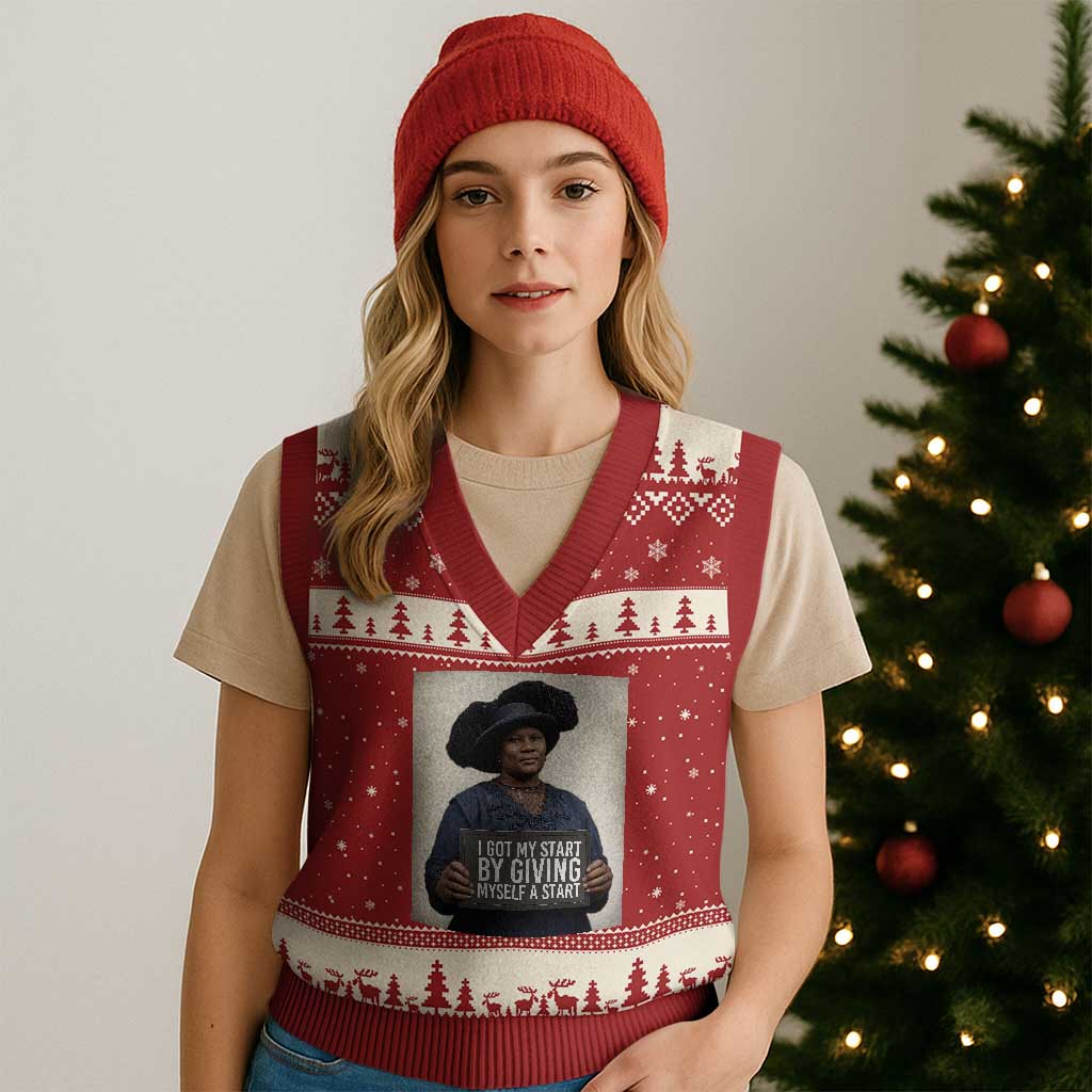 Madam CJ Walker Quote V-Neck Knit Sweater Vest I Got My Start By Giving Myself A Start TS12 Red Beige Print Your Wear