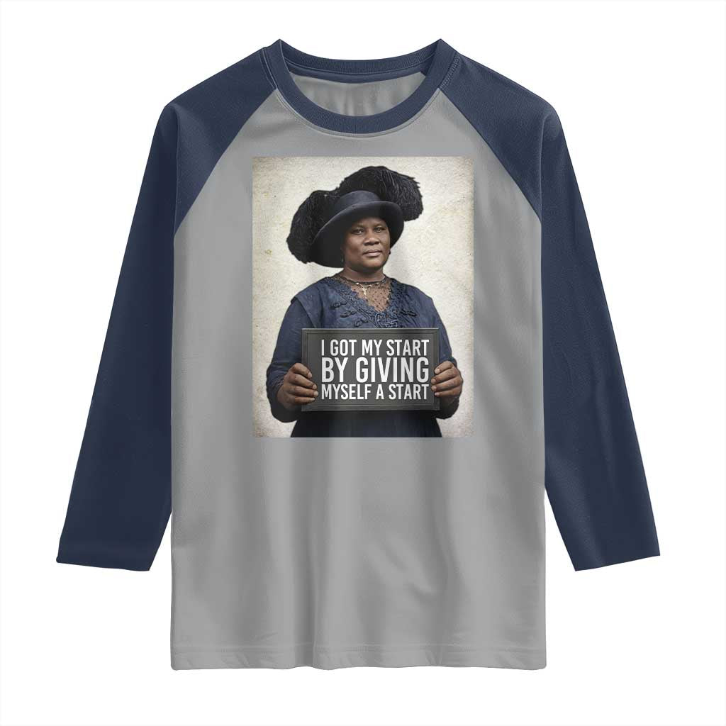 Madam CJ Walker Quote Raglan Shirt I Got My Start By Giving Myself A Start TS12 Sport Gray Navy Print Your Wear