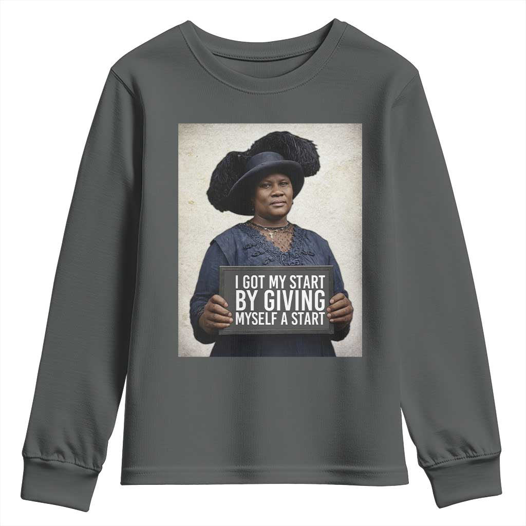 Madam CJ Walker Quote Youth Sweatshirt I Got My Start By Giving Myself A Start TS12 Dark Heather Print Your Wear