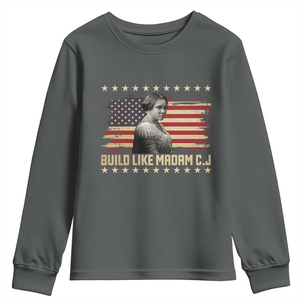 Build Like Madam CJ Walker Youth Sweatshirt Black History Month Gift TS12 Dark Heather Print Your Wear