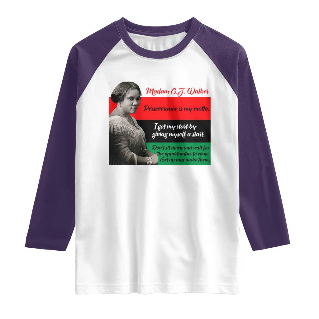 Madam CJ Walker Raglan Shirt Women Empowerment Inspirational Quote TS12 White Purple Print Your Wear