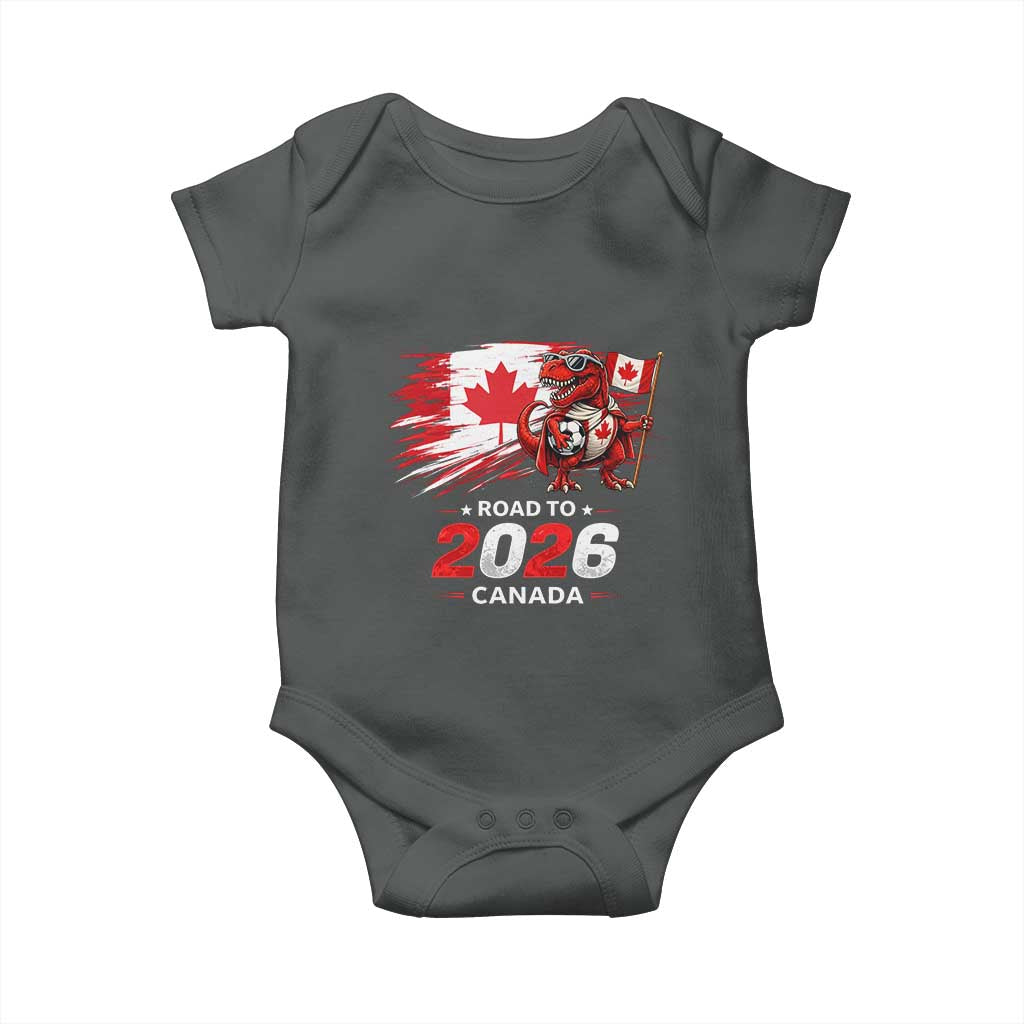 Funny Canada Soccer Dinosaur Baby Onesie Road To 2026 TS12 Dark Heather Print Your Wear