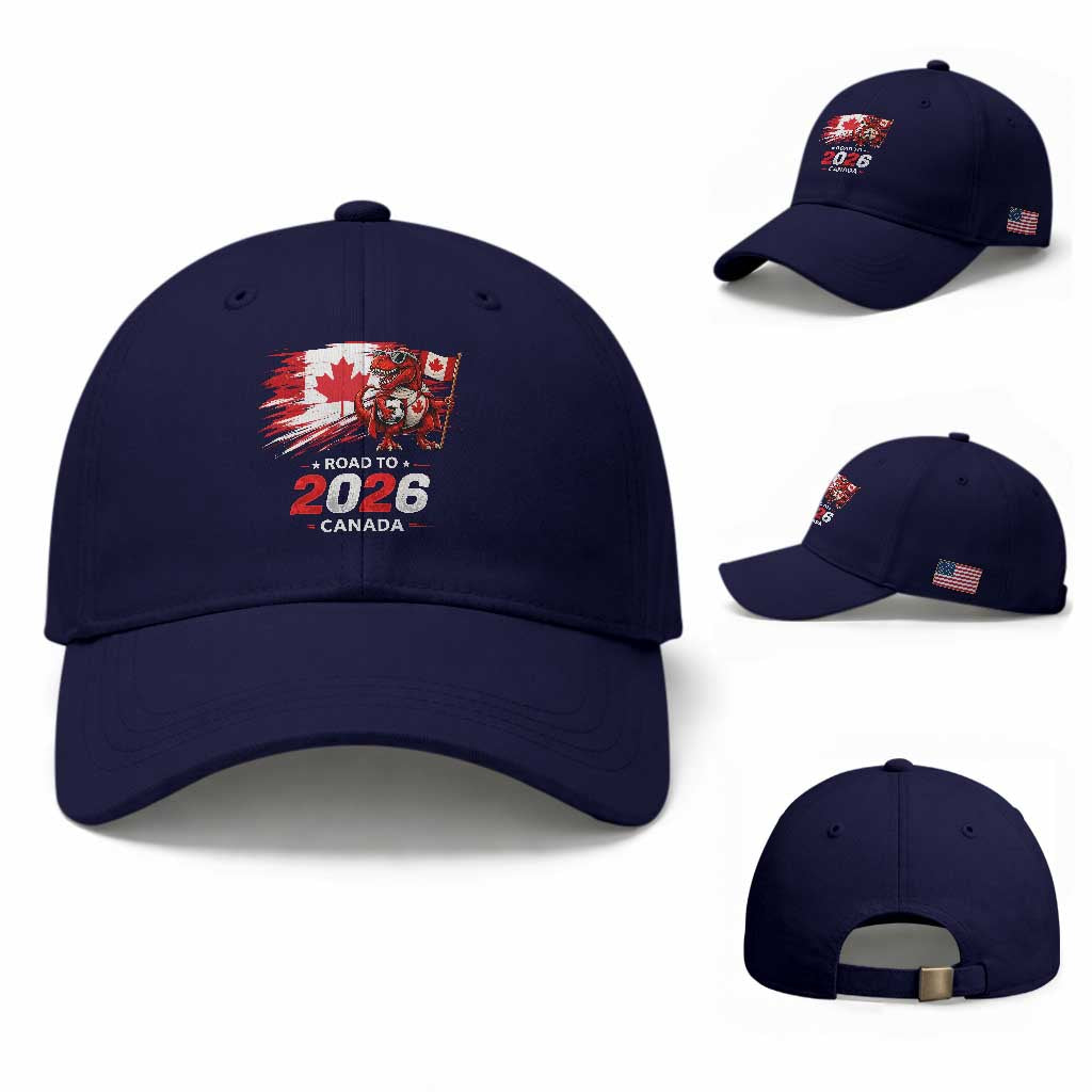 Funny Canada Soccer Dinosaur Baseball Cap Road To 2026 TS12 Baseball Cap Universal Fit Dark Blue Print Your Wear