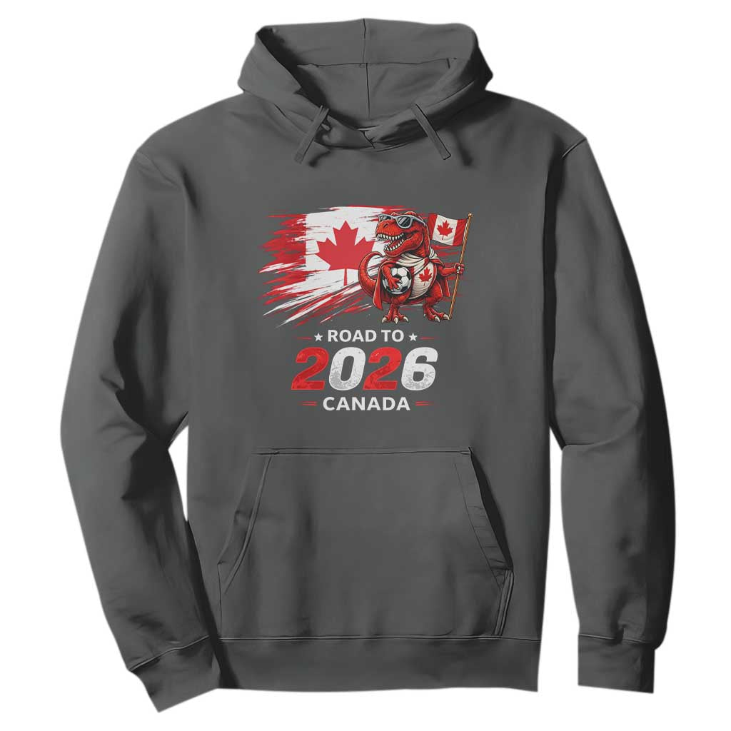 Funny Canada Soccer Dinosaur Hoodie Road To 2026 TS12 Dark Heather Print Your Wear