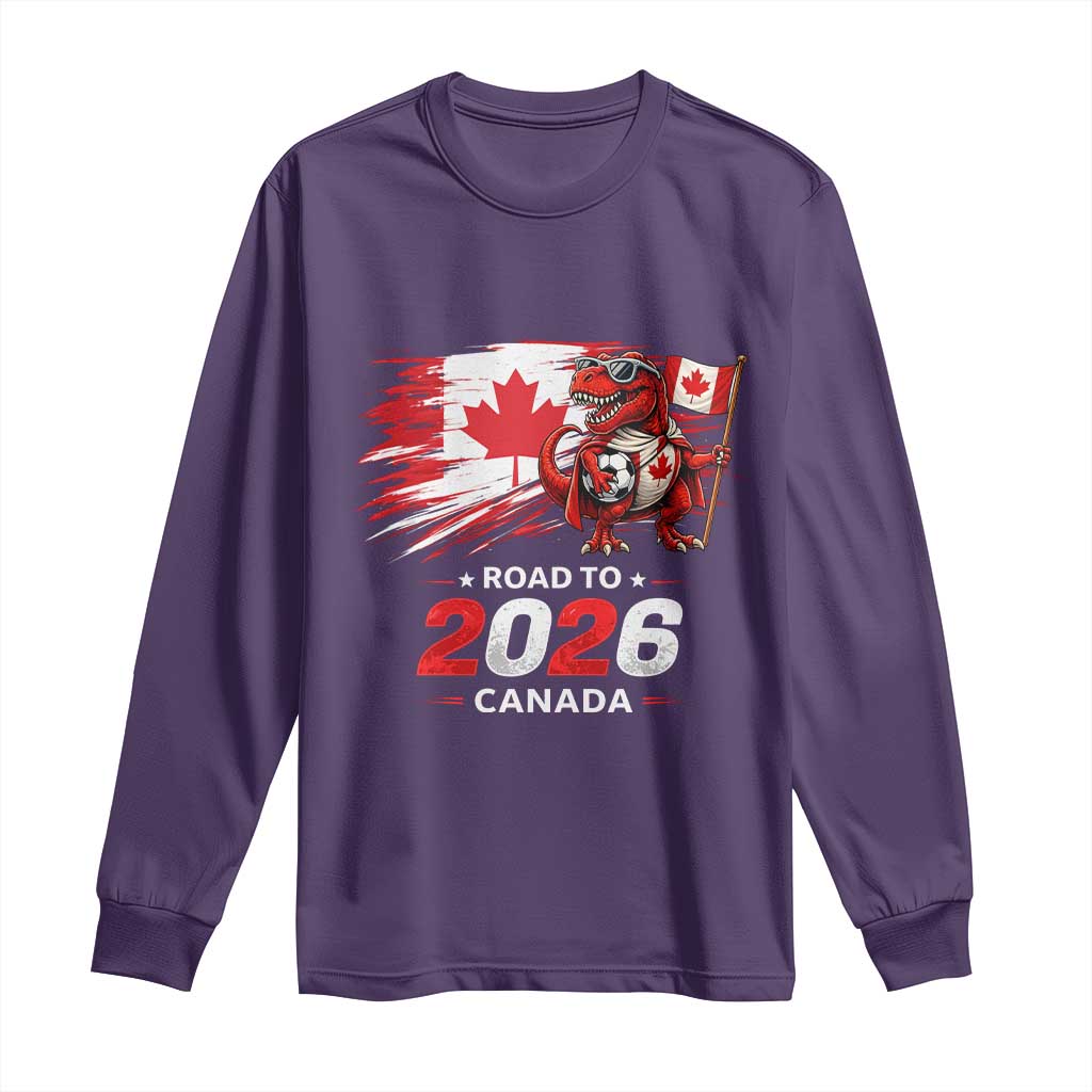 Funny Canada Soccer Dinosaur Long Sleeve Shirt Road To 2026 TS12 Purple Print Your Wear