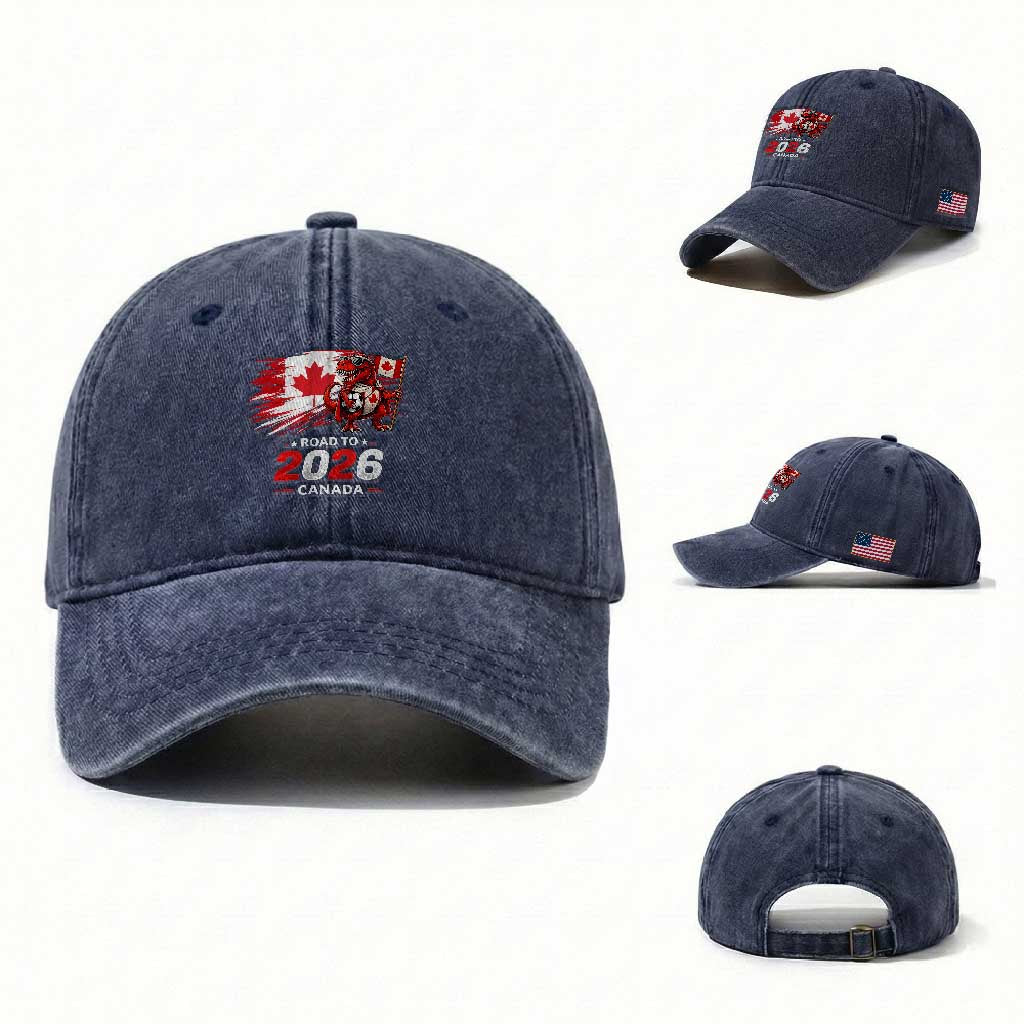 Funny Canada Soccer Dinosaur Washed Cotton Baseball Cap Road To 2026 TS12 Washed Cap Universal Fit Navy Print Your Wear