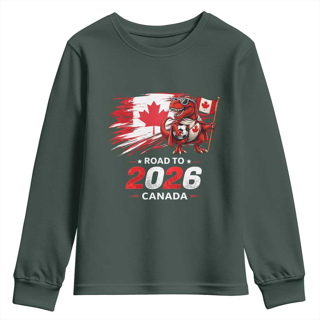 Funny Canada Soccer Dinosaur Youth Sweatshirt Road To 2026 TS12 Dark Forest Green Print Your Wear
