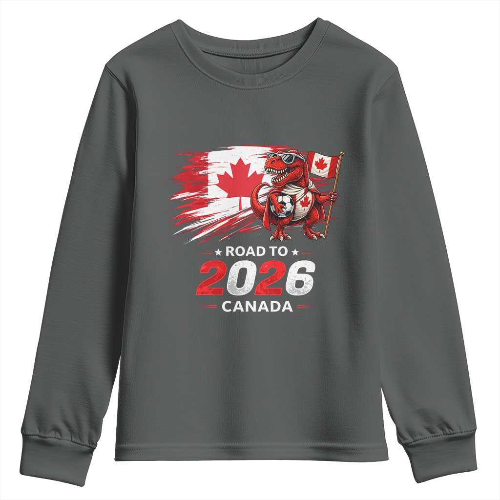 Funny Canada Soccer Dinosaur Youth Sweatshirt Road To 2026 TS12 Dark Heather Print Your Wear