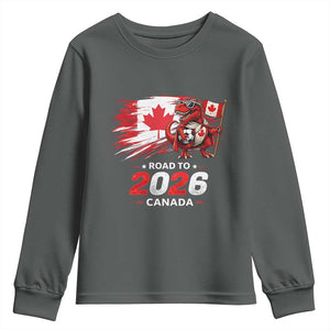 Funny Canada Soccer Dinosaur Youth Sweatshirt Road To 2026 TS12 Dark Heather Print Your Wear
