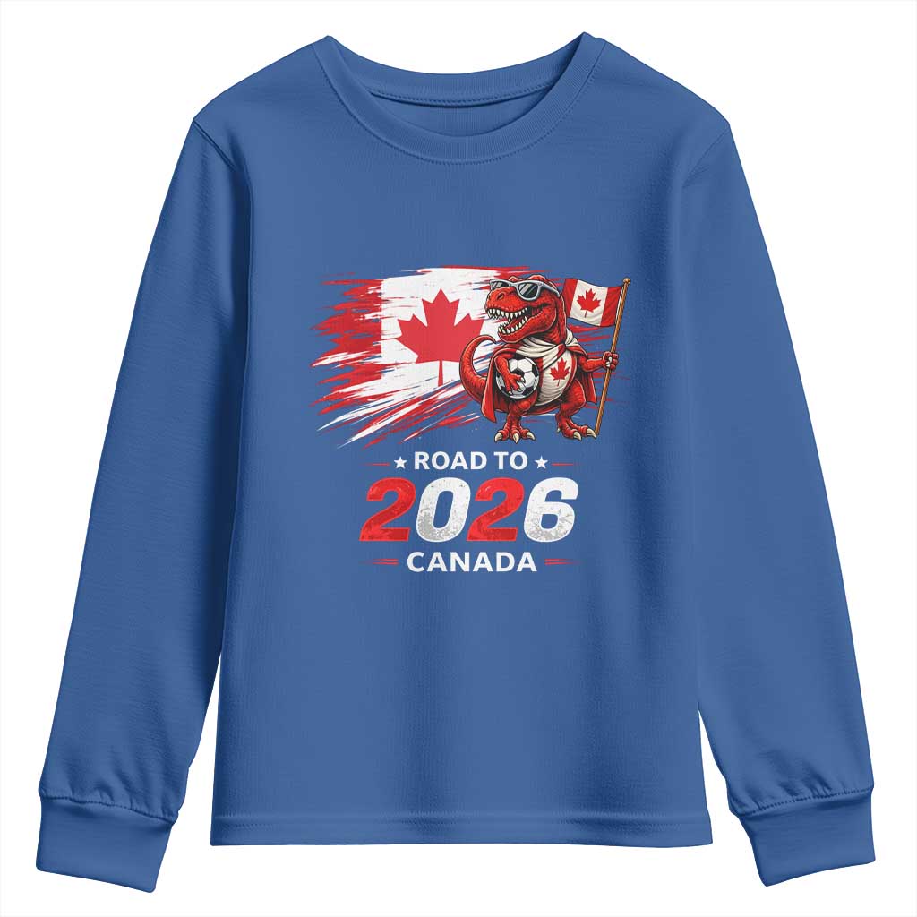 Funny Canada Soccer Dinosaur Youth Sweatshirt Road To 2026 TS12 Royal Blue Print Your Wear