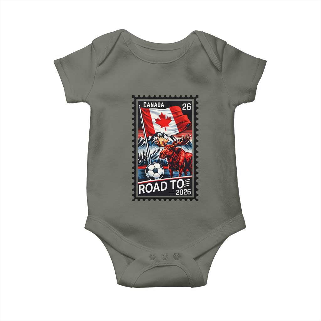 Canada Soccer Moose Baby Onesie Vintage Postal Stamp Road To 2026 TS12 Military Green Print Your Wear