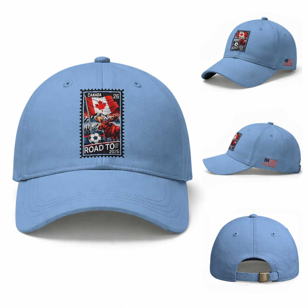 Canada Soccer Moose Baseball Cap Vintage Postal Stamp Road To 2026 TS12 Baseball Cap Universal Fit Light Blue Print Your Wear