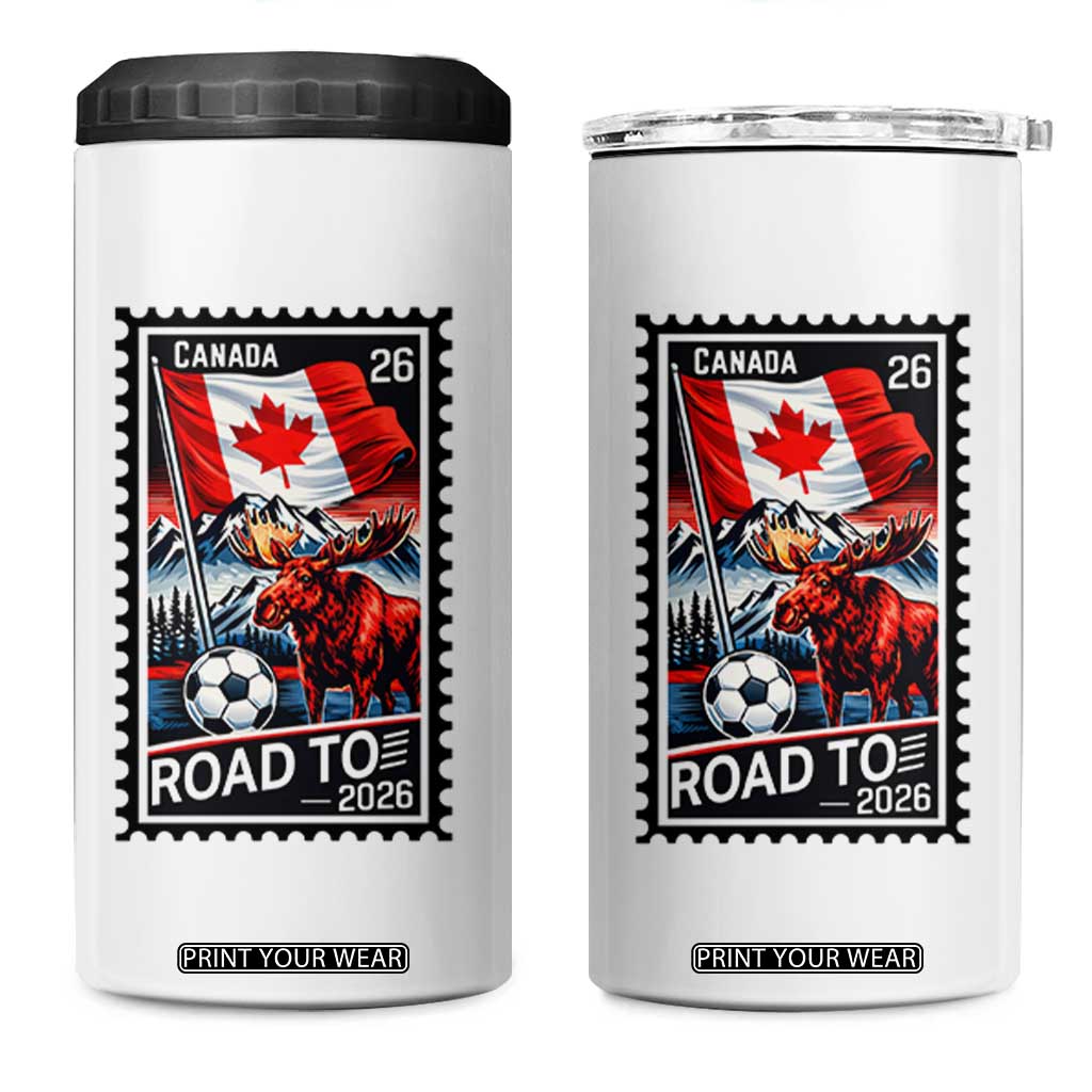 Canada Soccer Moose 4 in 1 Can Cooler Tumbler Vintage Postal Stamp Road To 2026 TS12 One Size: 16 oz White Print Your Wear