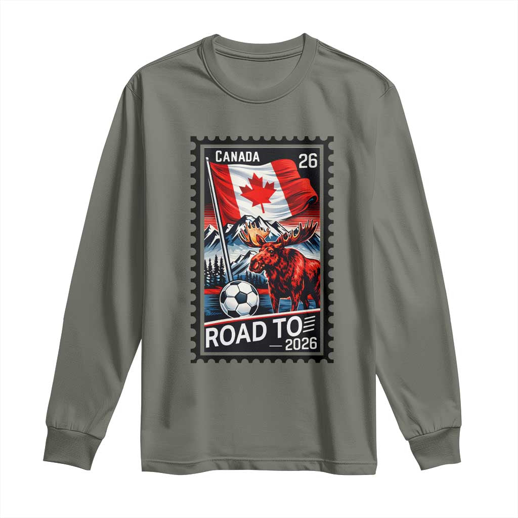 Canada Soccer Moose Long Sleeve Shirt Vintage Postal Stamp Road To 2026 TS12 Military Green Print Your Wear
