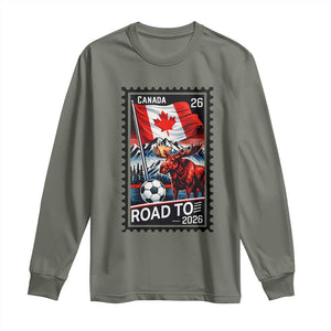 Canada Soccer Moose Long Sleeve Shirt Vintage Postal Stamp Road To 2026 TS12 Military Green Print Your Wear