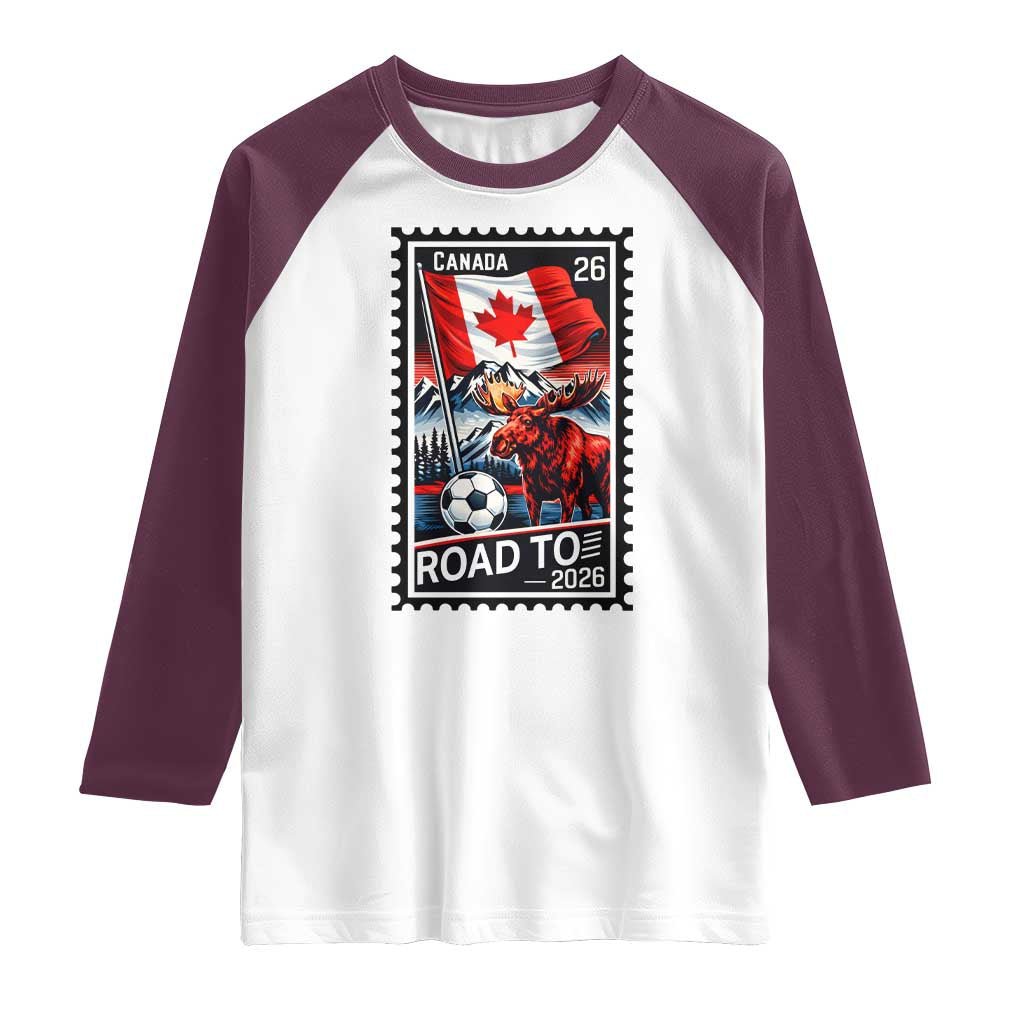 Canada Soccer Moose Raglan Shirt Vintage Postal Stamp Road To 2026 TS12 White Maroon Print Your Wear