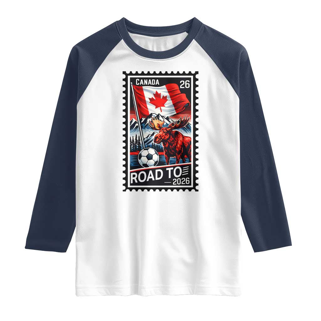 Canada Soccer Moose Raglan Shirt Vintage Postal Stamp Road To 2026 TS12 White Navy Print Your Wear