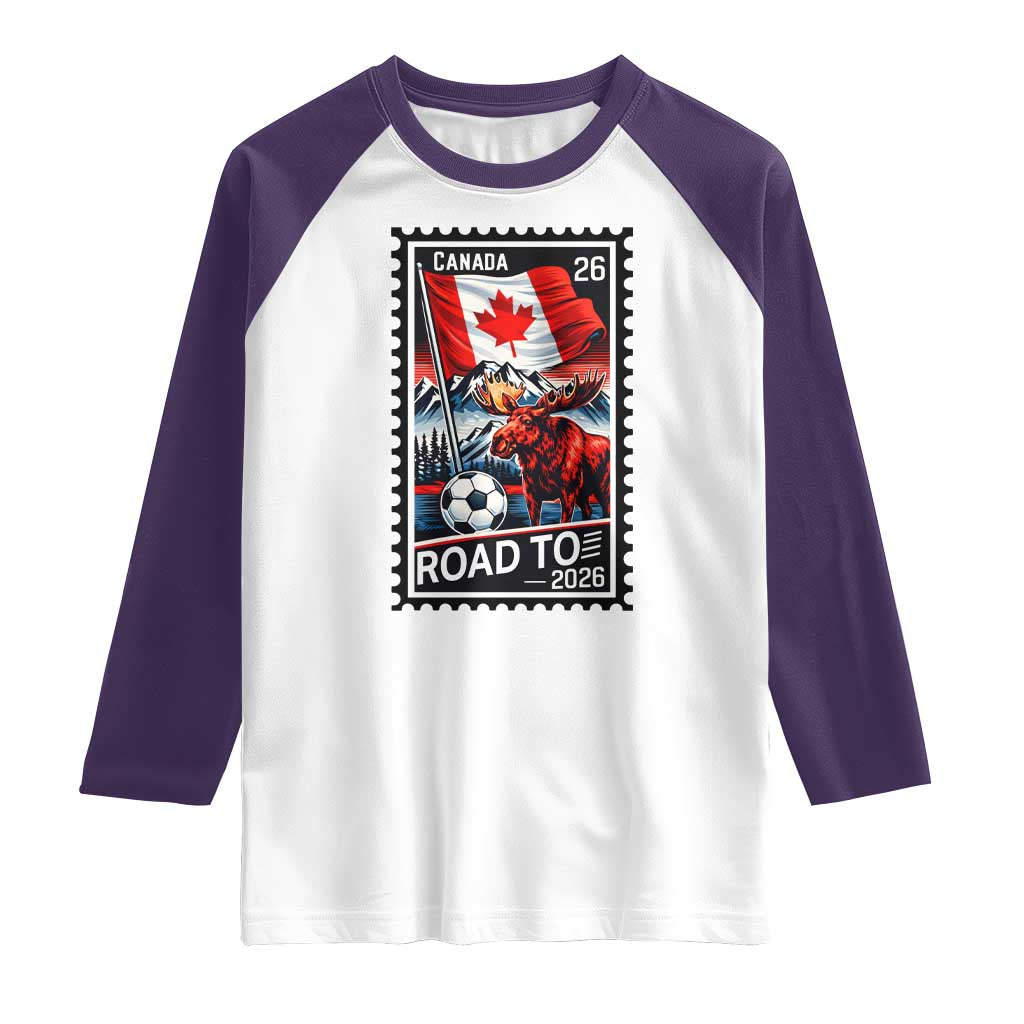 Canada Soccer Moose Raglan Shirt Vintage Postal Stamp Road To 2026 TS12 White Purple Print Your Wear