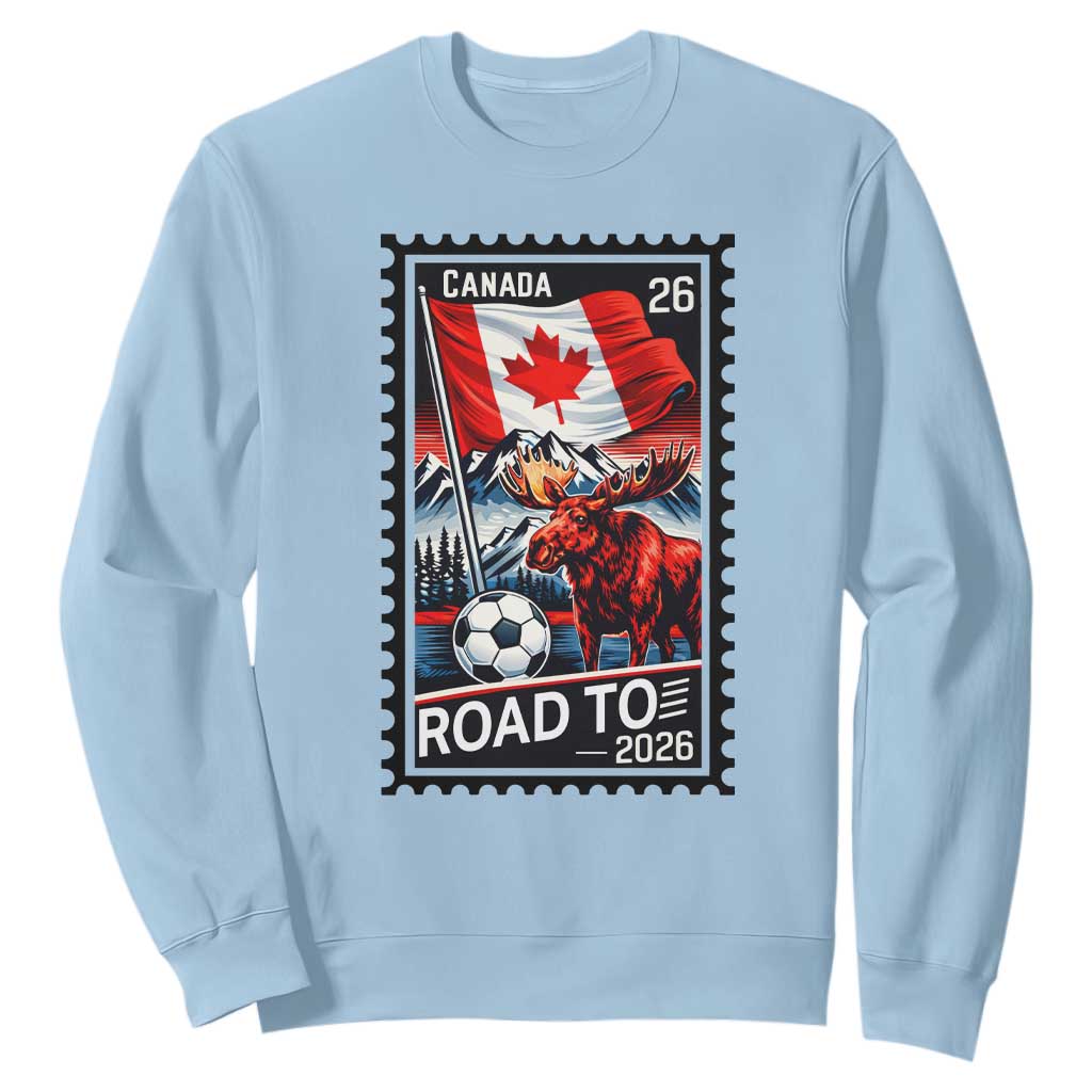 Canada Soccer Moose Sweatshirt Vintage Postal Stamp Road To 2026 TS12 Light Blue Print Your Wear