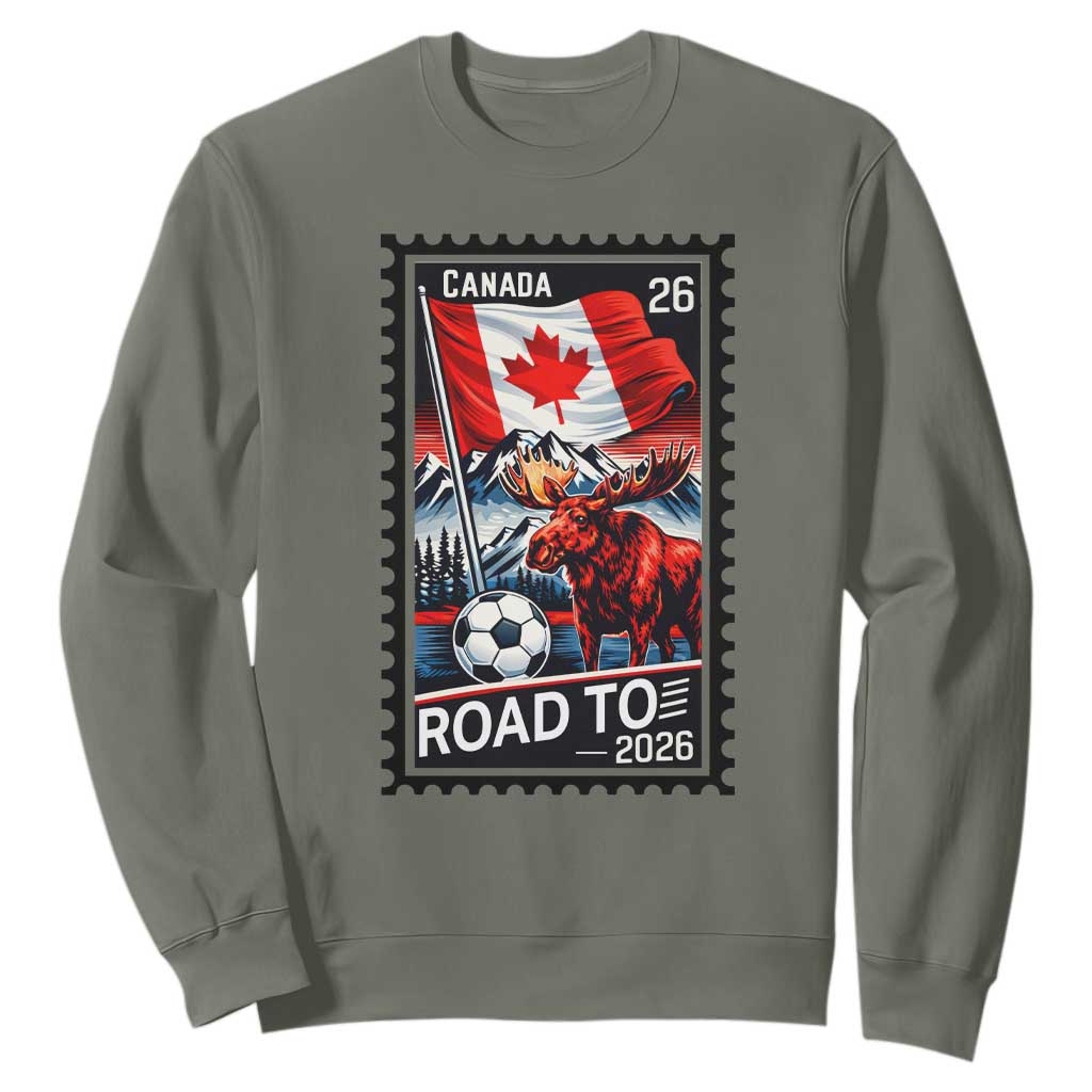 Canada Soccer Moose Sweatshirt Vintage Postal Stamp Road To 2026 TS12 Military Green Print Your Wear
