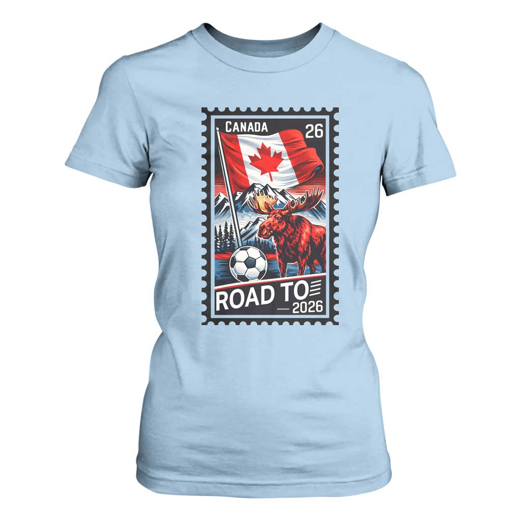 Canada Soccer Moose T Shirt For Women Vintage Postal Stamp Road To 2026 TS12 Light Blue Print Your Wear