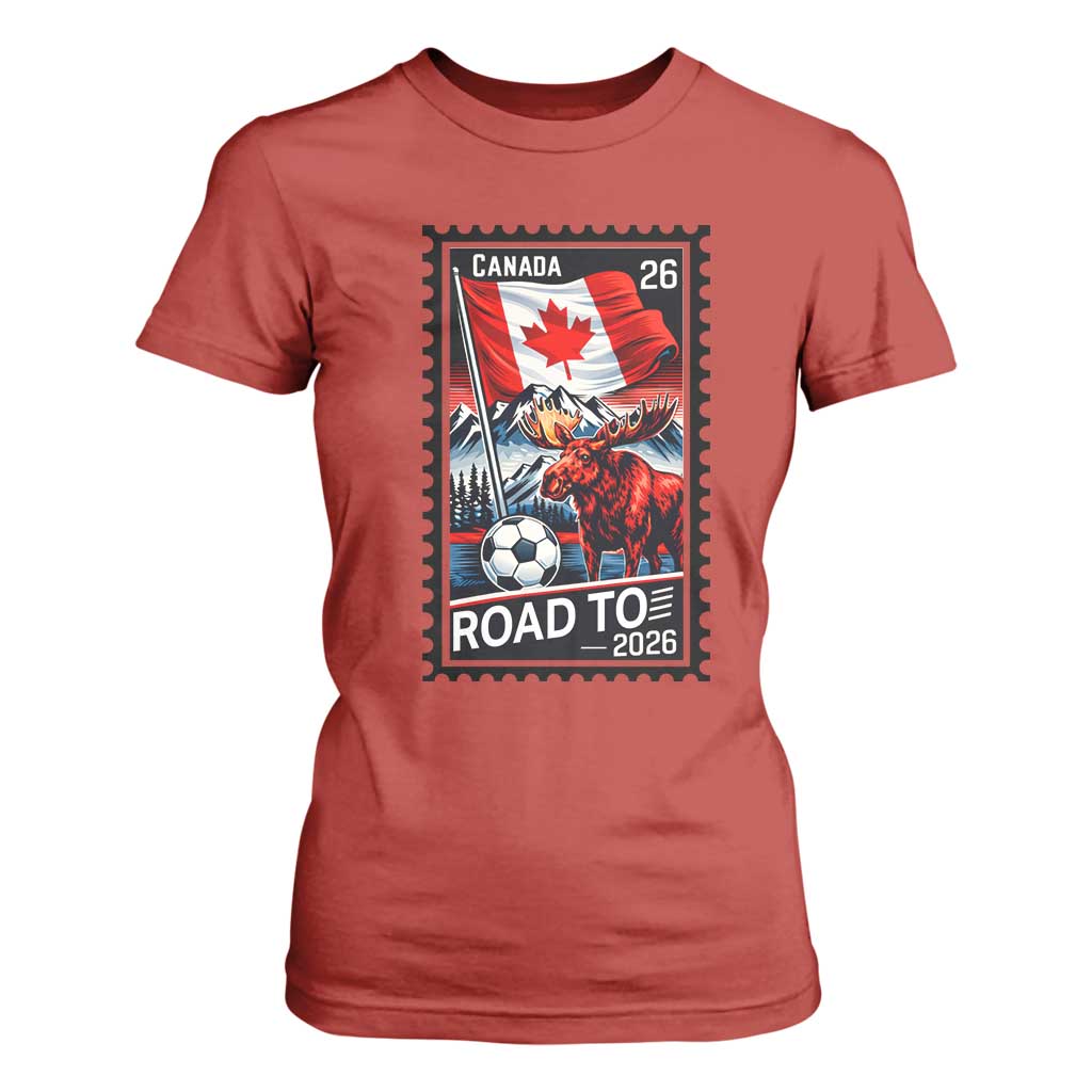 Canada Soccer Moose T Shirt For Women Vintage Postal Stamp Road To 2026 TS12 Red Print Your Wear