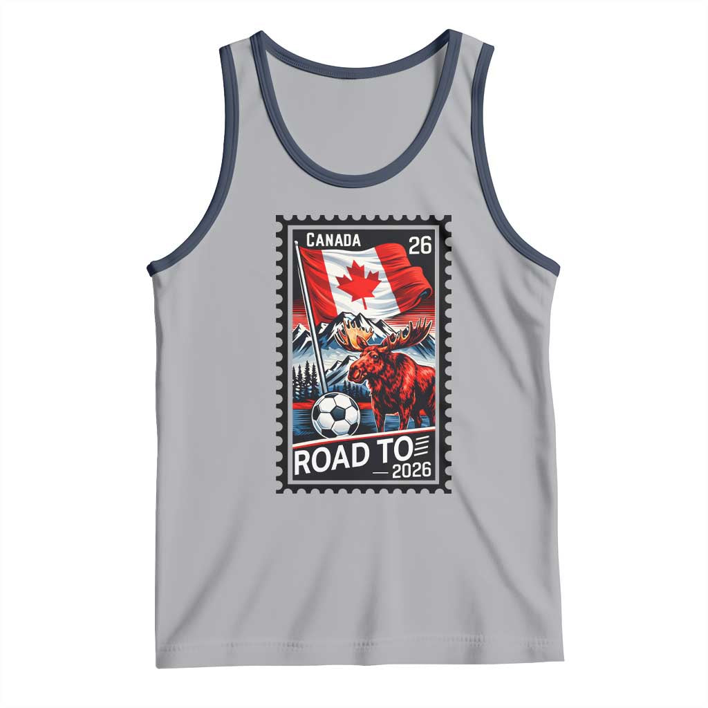 Canada Soccer Moose Tank Top Vintage Postal Stamp Road To 2026 TS12 Athletic Heather Navy Print Your Wear