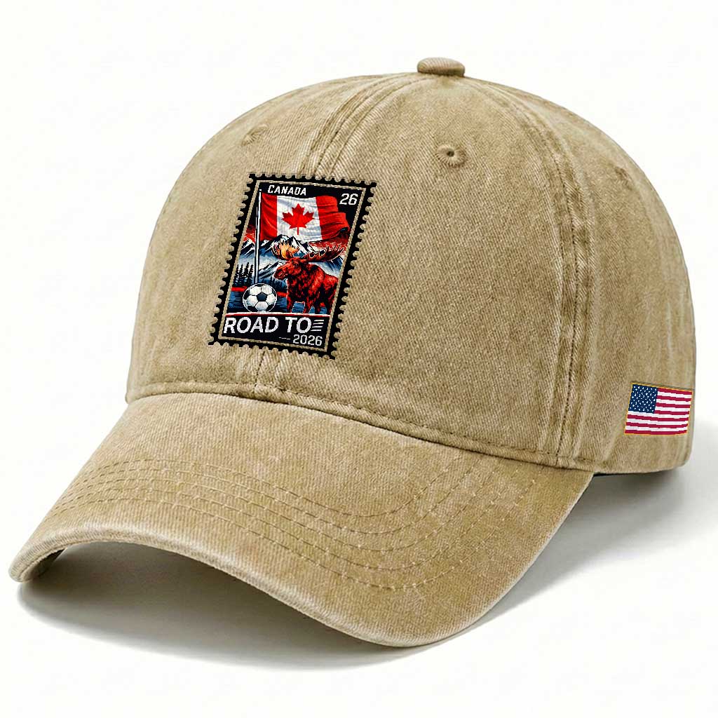 Canada Soccer Moose Washed Cotton Baseball Cap Vintage Postal Stamp Road To 2026 TS12 Print Your Wear