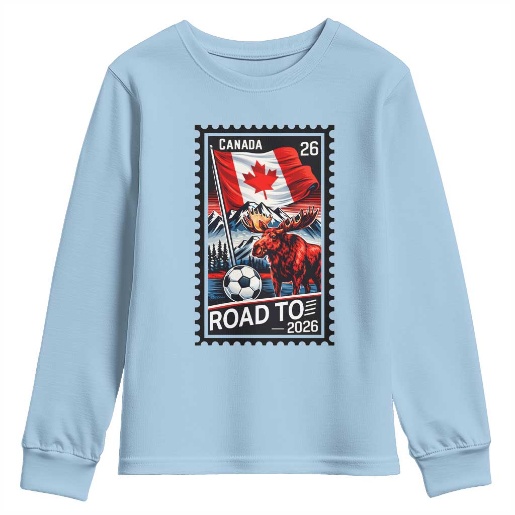 Canada Soccer Moose Youth Sweatshirt Vintage Postal Stamp Road To 2026 TS12 Light Blue Print Your Wear