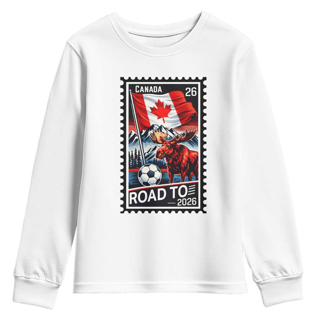Canada Soccer Moose Youth Sweatshirt Vintage Postal Stamp Road To 2026 TS12 White Print Your Wear