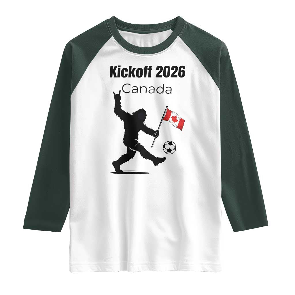 Funny Bigfoot Canada Soccer Raglan Shirt Kickoff 2026 TS12 White Dark Forest Green Print Your Wear