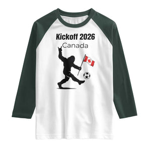 Funny Bigfoot Canada Soccer Raglan Shirt Kickoff 2026 TS12 White Dark Forest Green Print Your Wear