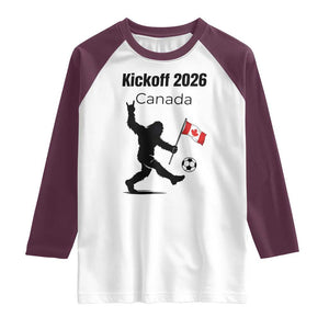 Funny Bigfoot Canada Soccer Raglan Shirt Kickoff 2026 TS12 White Maroon Print Your Wear