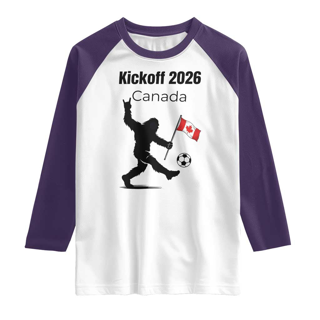 Funny Bigfoot Canada Soccer Raglan Shirt Kickoff 2026 TS12 White Purple Print Your Wear