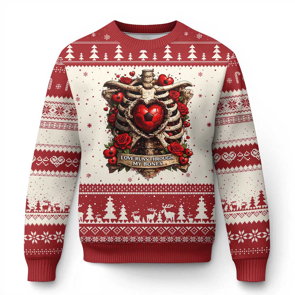 Love Runs Through My Bones Ugly Christmas Sweater Funny Skeleton Soccer Player Gift TS12 Beige Red Print Your Wear