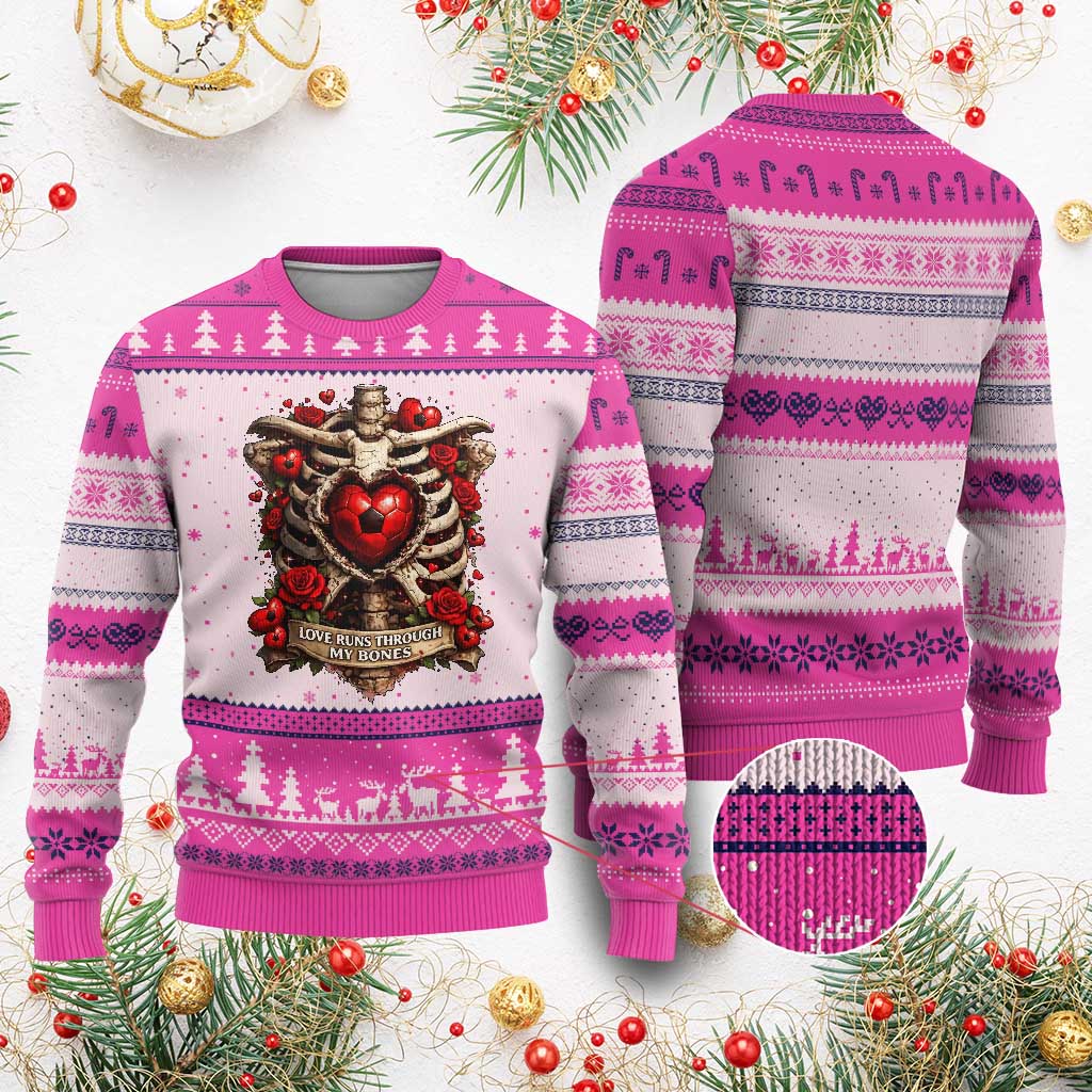 Love Runs Through My Bones Ugly Christmas Sweater Funny Skeleton Soccer Player Gift TS12 Hot Pink Print Your Wear