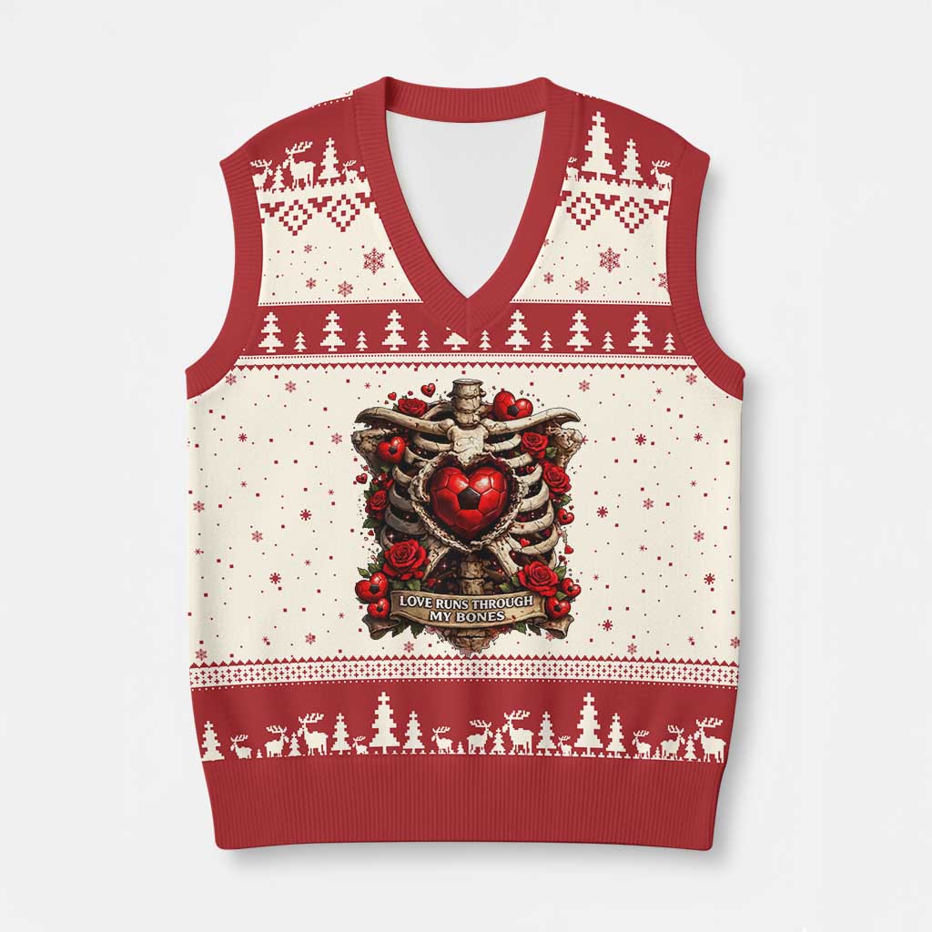 Love Runs Through My Bones V-Neck Knit Sweater Vest Funny Skeleton Soccer Player Gift TS12 Beige Red Print Your Wear