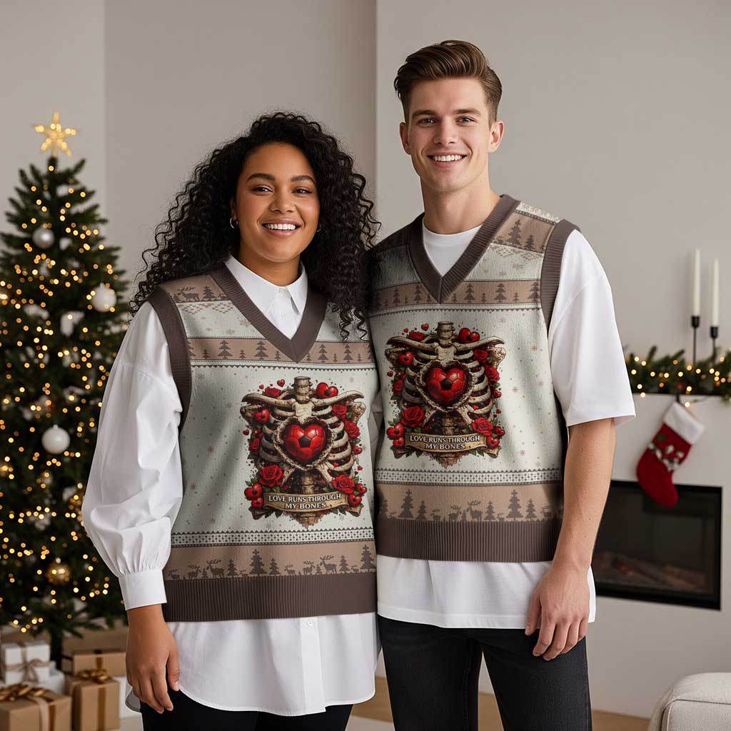 Love Runs Through My Bones V-Neck Knit Sweater Vest Funny Skeleton Soccer Player Gift TS12 Mocha Mousse Print Your Wear