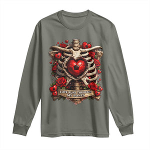 Love Runs Through My Bones Long Sleeve Shirt Funny Skeleton Soccer Player Gift TS12 Military Green Print Your Wear
