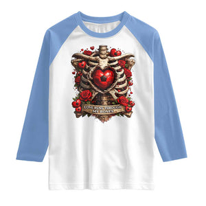 Love Runs Through My Bones Raglan Shirt Funny Skeleton Soccer Player Gift TS12 White Carolina Blue Print Your Wear