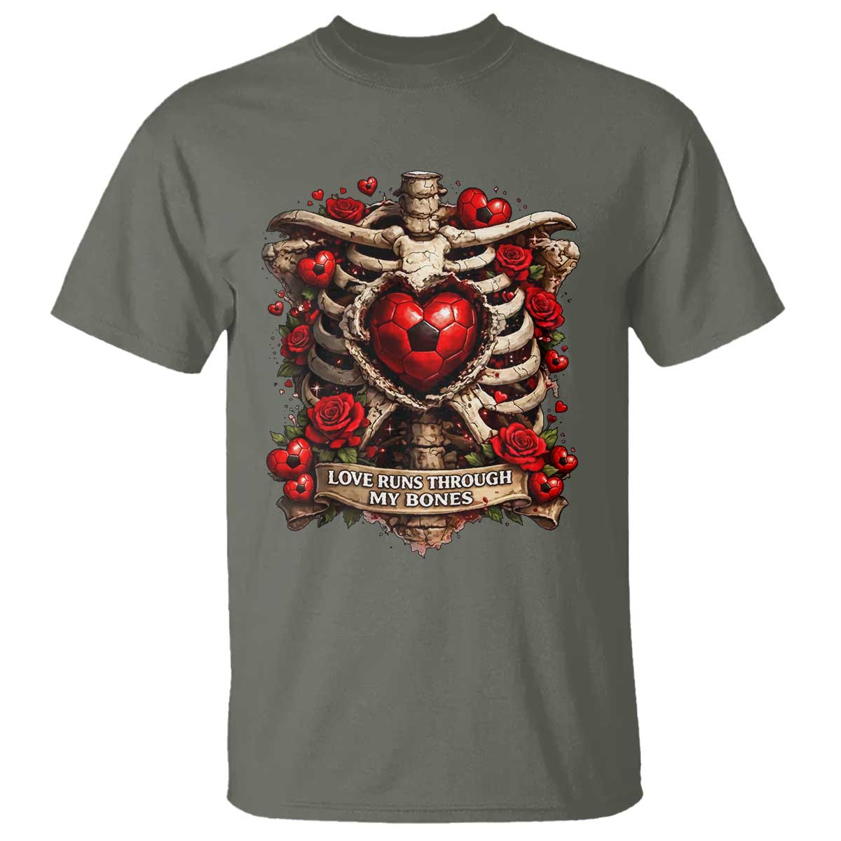 Love Runs Through My Bones T Shirt Funny Skeleton Soccer Player Gift TS12 Military Green Print Your Wear