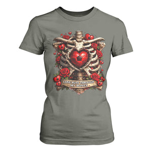 Love Runs Through My Bones T Shirt For Women Funny Skeleton Soccer Player Gift TS12 Military Green Print Your Wear