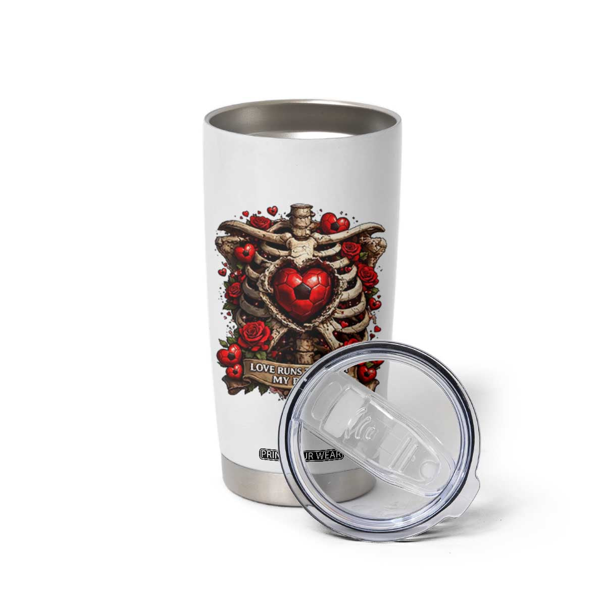 Love Runs Through My Bones Tumbler Cup Funny Skeleton Soccer Player Gift TS12 Print Your Wear