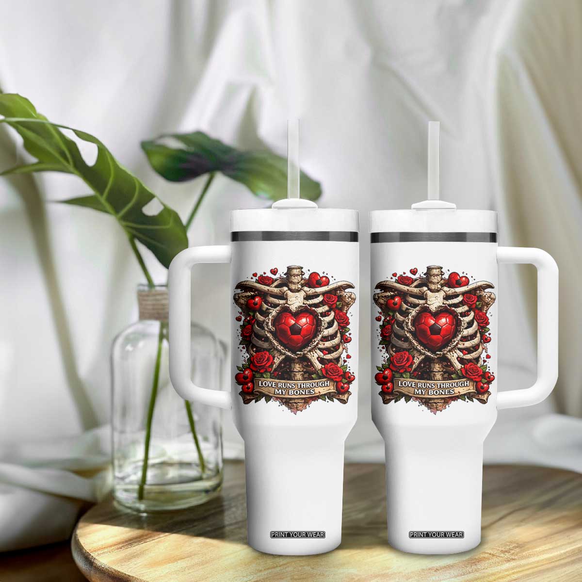 Love Runs Through My Bones Tumbler With Handle Funny Skeleton Soccer Player Gift TS12 Print Your Wear