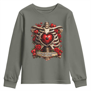 Love Runs Through My Bones Youth Sweatshirt Funny Skeleton Soccer Player Gift TS12 Military Green Print Your Wear