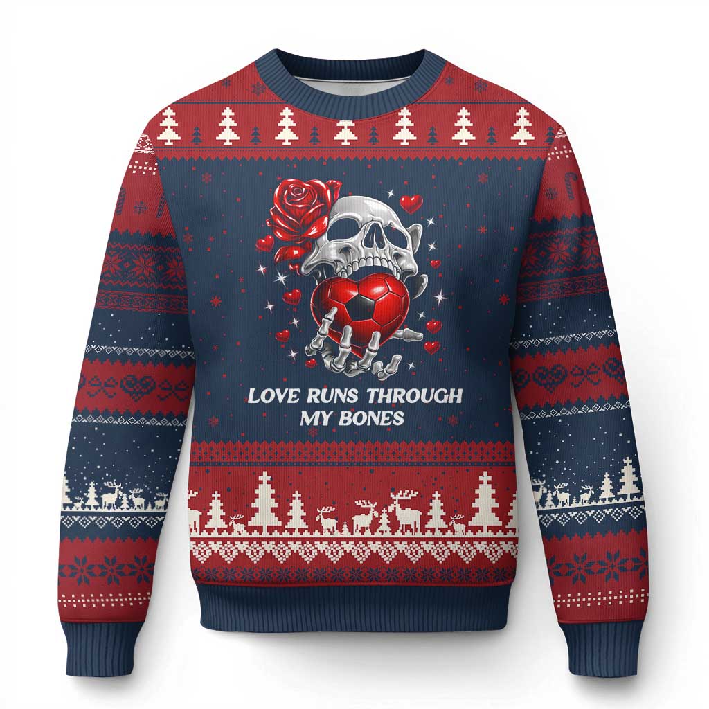 Love Runs Through My Bones Ugly Christmas Sweater Funny Skeleton Soccer Gift TS12 Navy Red Print Your Wear